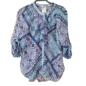 Yoana Baraschi Silk Boho Peasant Tab Sleeve Blouse Sz M Blue Animal Print